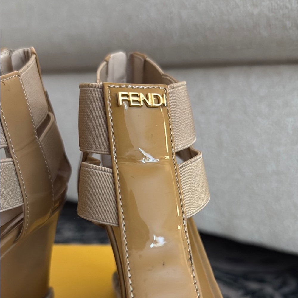 Fendi Women's Tan Wedge Sandals (Zeppa Vernice + Elastico) - Picture 2 of 6